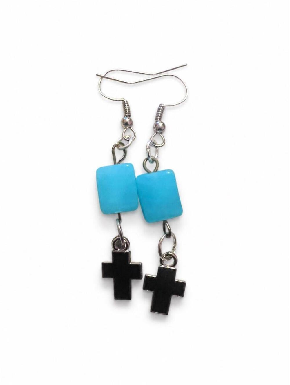 Handmade turquoise and black cross dangle earrings